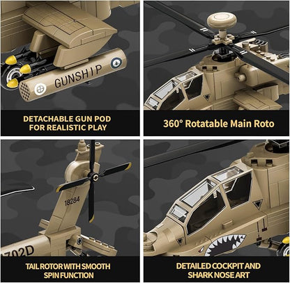 AH-64 Military Helicopter Building Set Compatible with Lego Military Army Airplane fo Adults as Gifts