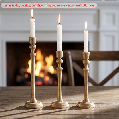 Wenbery Gold Candlestick Holders Set of 3, Heavy Cast Iron Candle Holder for Table Centerpiece, Antique Brass Finish