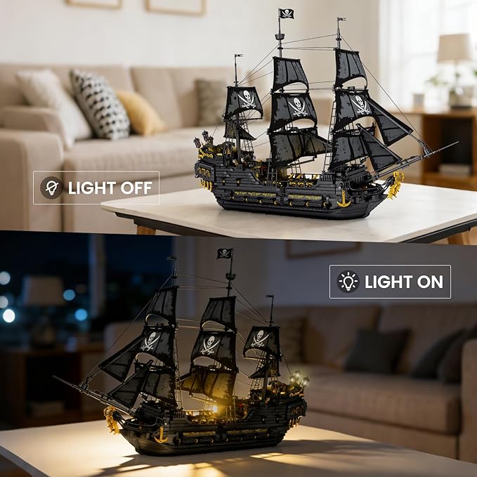 Reobrix Pirate Ship Building Set with LED Lights Collectible Large Black Pearl Model Kit Black Ship Building Toys for Adults 66036 Ship Sailboat for Home Decor Gift for Pirate Ship Fans 14+