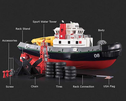 POCO DIVO US Seaport Super Work Boat RC Tugboat 2.4Ghz Radio Control Tug Boat Tow Model 23 Harbor Fire Fighting Ship Rescue Spurt Water Fireboat