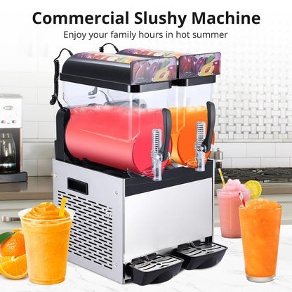 GarveeHome Commercial Slushy Machine, Stainless Steel Margarita Smoothie Frozen Drink Maker, Self-Cleaning, 700W, Perfect for Homes, Coffee Shops,Restaurants,Black,15 L*2