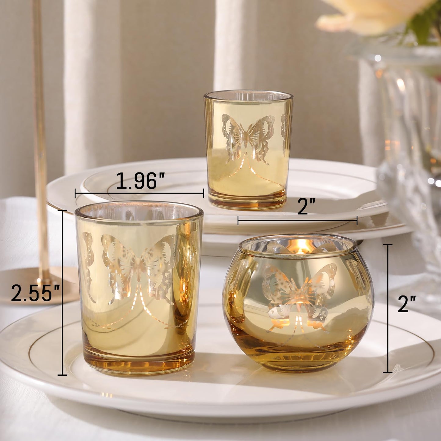 Lanttu Gold 12 PCS Combination Tea Lights Candle Holder Decorative with Butterfly Pattern, Votive Candle Holders for Wedding, Birthday, Anniversary, Parties, and Holiday Decorations