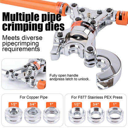 HZLZRZ Copper Pipe and F877 Stainless PEX Crimper Tool, 6-Die Pro Press Kit for 1/2" 3/4" 1" with Pipe Cutter, Dual-Use Handheld Crimping Tool for Plumbing (MCT-1632A)