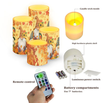 NETILGEN Thanksgiving Day Decor Flameless Candles Set of 4, Battery Powered with Timer Remote LED Pillar Candles Maple Leaf Gnome Print