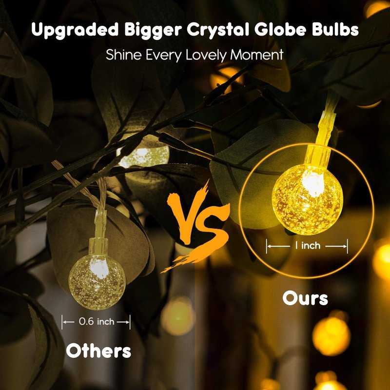 Minetom Crystal Globe String Lights Battery Operated - 33 ft 60 LED Globe Fairy Lights with Remote and 8 Modes, Waterproof for Bedroom Tent Loft Camping Porch Patio Party Wedding Decor, Warm White