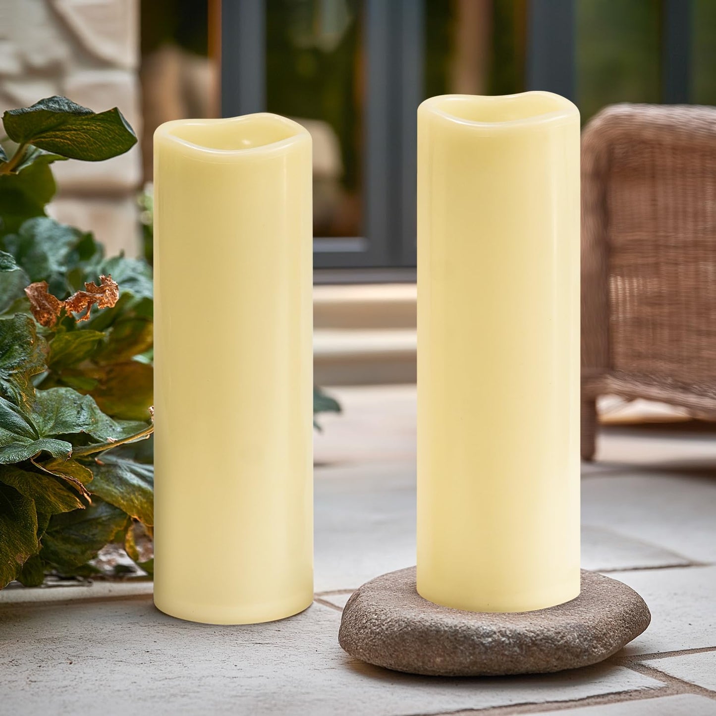 Yongmao 4" x 14" Ivory Large Waterproof Outdoor Flameless Candles Battery Operated LED Flickering Pillar Candles with Remote and Timer for Indoor Outdoor Lanterns, Long Lasting, Set of 2