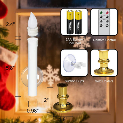 DRomance 9" Flameless Window Taper Candles Battery Operated with 8-Key Remote and Timer, 4 Pack White Christmas Holdiay Window Candles with Gold Holders, Suction Cups and AA Batteries Included