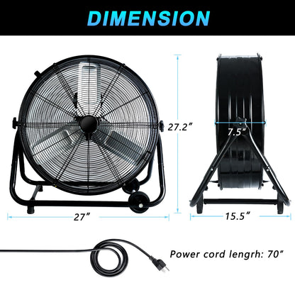 WARMLREC 24" Industrial Floor Fan, 8900 CFM High Velocity Drum Fan with 3 Speeds, Portable Heavy Duty Industrial Fan for Warehouse, Workshop, Factory, Commercial, Residential and Greenhouse Black