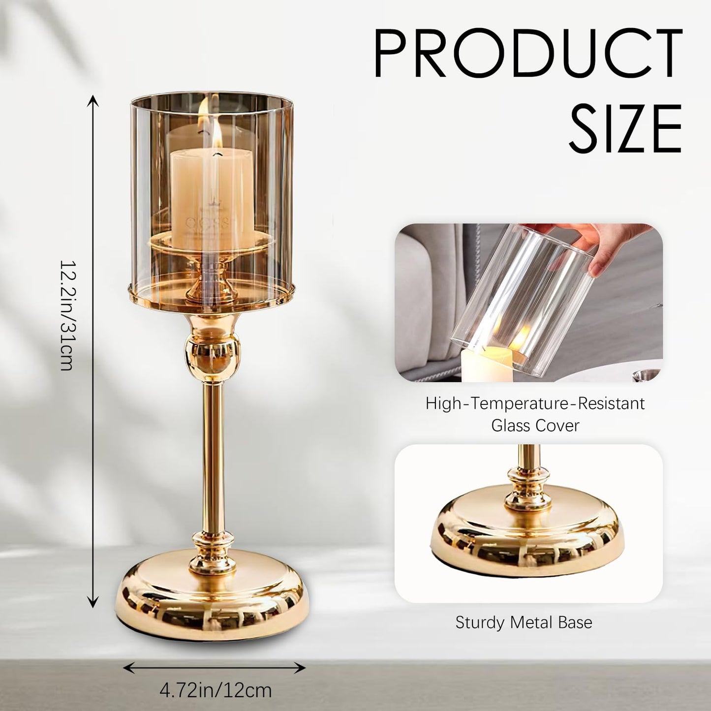 Modern Decorative Metal Candle Holder, Clear Glass Cylinder Candleholder, Open-End Candle Shade, Ideal for Table or Mantel Centerpiece, Wedding, Dining, Party Home Décor (Gold)