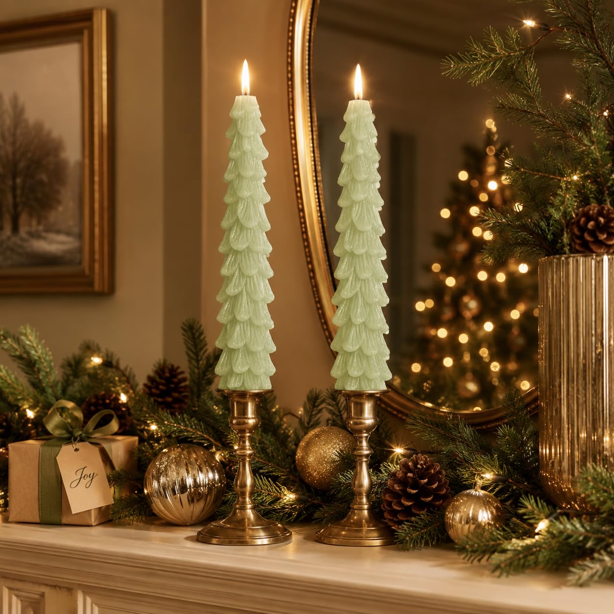 Tree Taper Candles Set of 2, 10 Inch Frosted Sage Handmade Candle Stick, Unscented Candlesticks, Tapered Candles for Holiday Dinner Table Decor Gift
