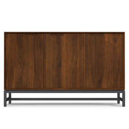 SIMPLIHOME Banting Buffet - 58 inch Wide Solid Wood 3-Door Sideboard Buffet in Natural Walnut, Mid-Century Modern Cabinet for Dining Room or Kitchen with Adjustable Shelves and Metal Base