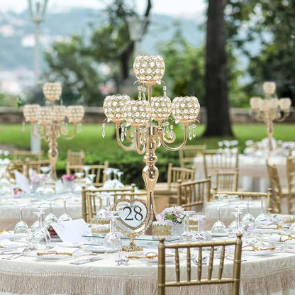 2 PCS Kehail Crystal Table Decoration Gold Candle Holder with Pendant, 5 Arm Candelabra Holder Beautiful Hollow Engraved Table Centerpiece for Christmas, Thanksgiving, Weddings, Holiday Parties