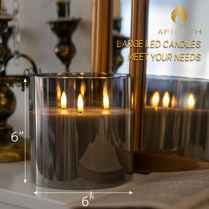 AFINETH Extra Large Flameless Candles with 3 Wicks, 6"x6" Glass Battery Operated Candles with Remote, Real Wax Flickering LED Candles Fake Candle for Home, Wedding, Party, Gray