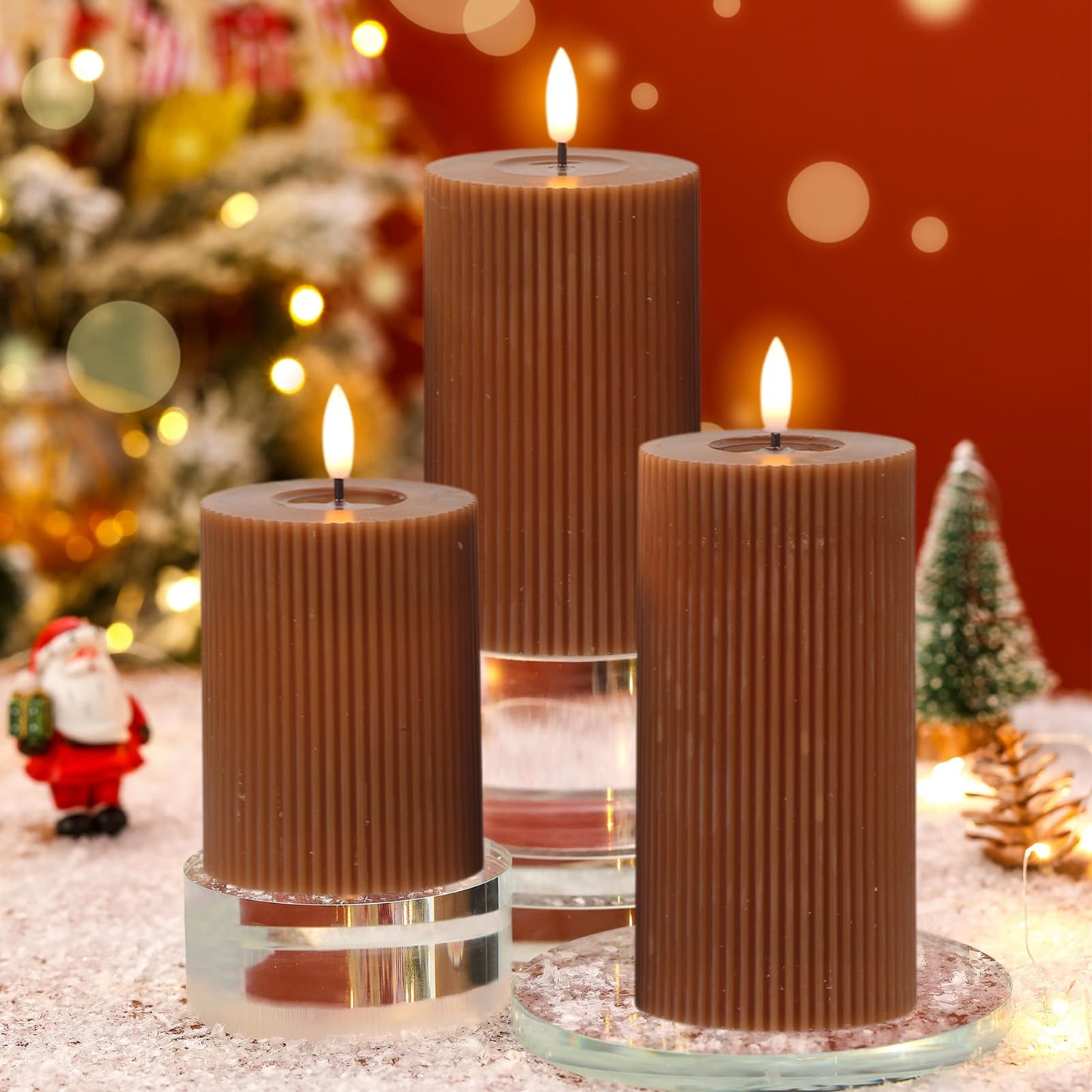 DRomance Battery Operated Flameless Candles with 6 Hour Timer 3 Pack Real Wax Vertical Stripe 3D Wick Flickering LED Pillar Candles Dinner Wedding Christmas Holiday Decor(Brown, 3" D x 5", 6", 7" H)