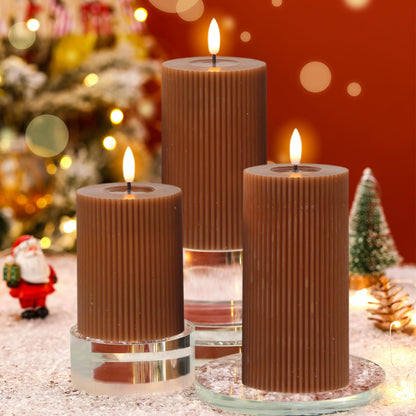 DRomance Battery Operated Flameless Candles with 6 Hour Timer 3 Pack Real Wax Vertical Stripe 3D Wick Flickering LED Pillar Candles Dinner Wedding Christmas Holiday Decor(Brown, 3" D x 5", 6", 7" H)