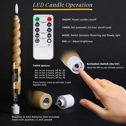 West Ivory Full Twisted Spiral Flameless LED Taper Candles – Light Tan, Set of 6 – 2/4/6/8-Hr Timer (24-Hr Memory), Remote, Dimmable, Bottom On/Off Button, Flicker/Steady, Battery Operated