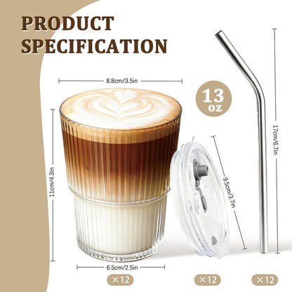 12 Packs Ribbed Glass Tumbler with Lid and Straw 13 oz Cute Ice Coffee Cup Set Bulk Vasos de Vidrio Con Tazas Para Cafe Cocina Accesorios Home Bar Accessories New Home House Warming Gift Kitchen Stuff