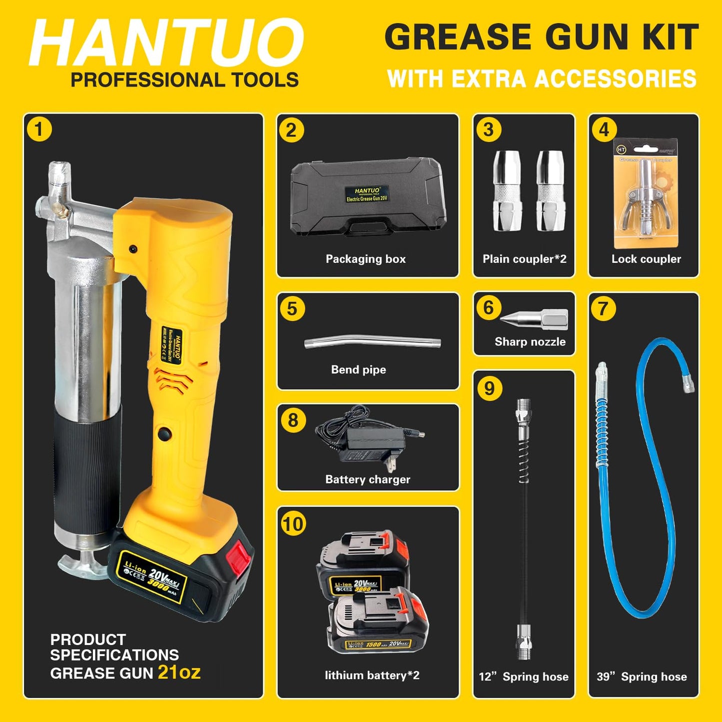 20V MAX Electric Grease Gun Kit with 2 Batteries and Charger, 12000 PSI Cordless Grease Gun Kit with Quick Release Coupler, 39” Hose, Extension Rigid Pipe for Tractors, Trailers, Mechanical