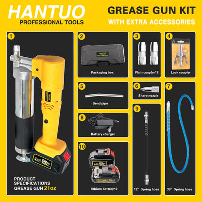 20V MAX Electric Grease Gun Kit with 2 Batteries and Charger, 12000 PSI Cordless Grease Gun Kit with Quick Release Coupler, 39” Hose, Extension Rigid Pipe for Tractors, Trailers, Mechanical