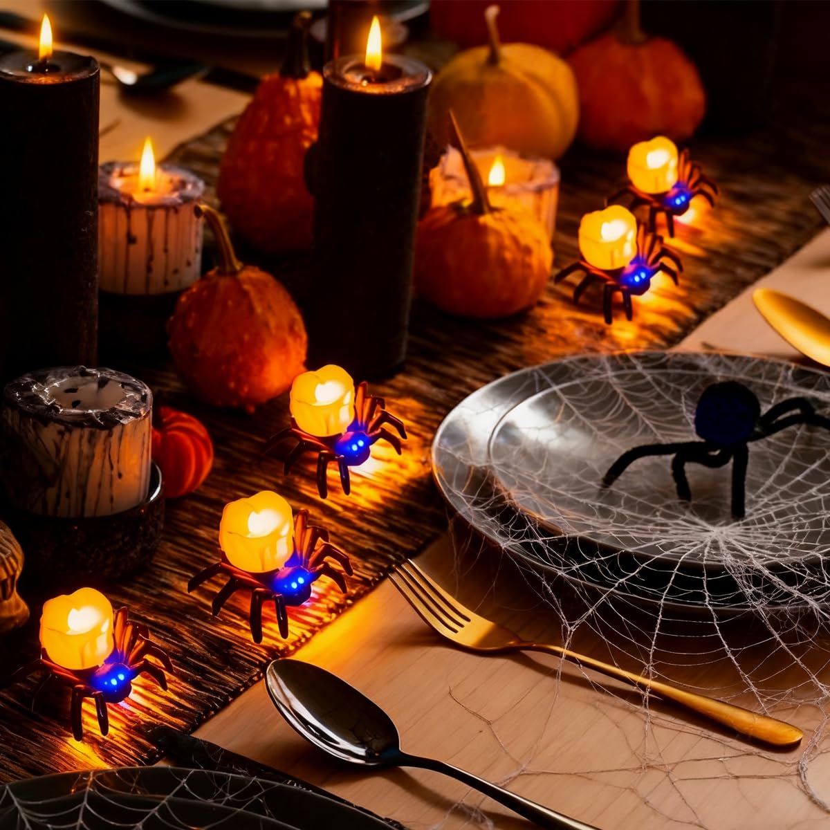 6 Pack Halloween Flameless LED Candle Lights, 3D Spider LED Tealight Candles with Bright Warm Yellow&Purple Light, Battery Operated Led Decorative Candle Lights for Home, Halloween, Christmas Decor