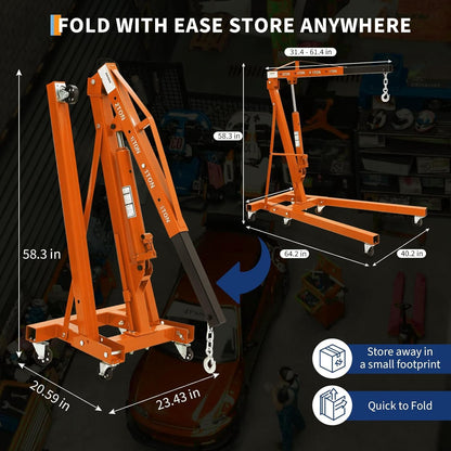 2 Ton Folding Hydraulic Engine Hoist with 59 in Load Leveler 4400 LBS Capacity Heavy Duty Cherry Picker 6 Swivel Wheels,Engine Support Bar 1100 LBS Capacity for Garage Workshop Warehouse Orange