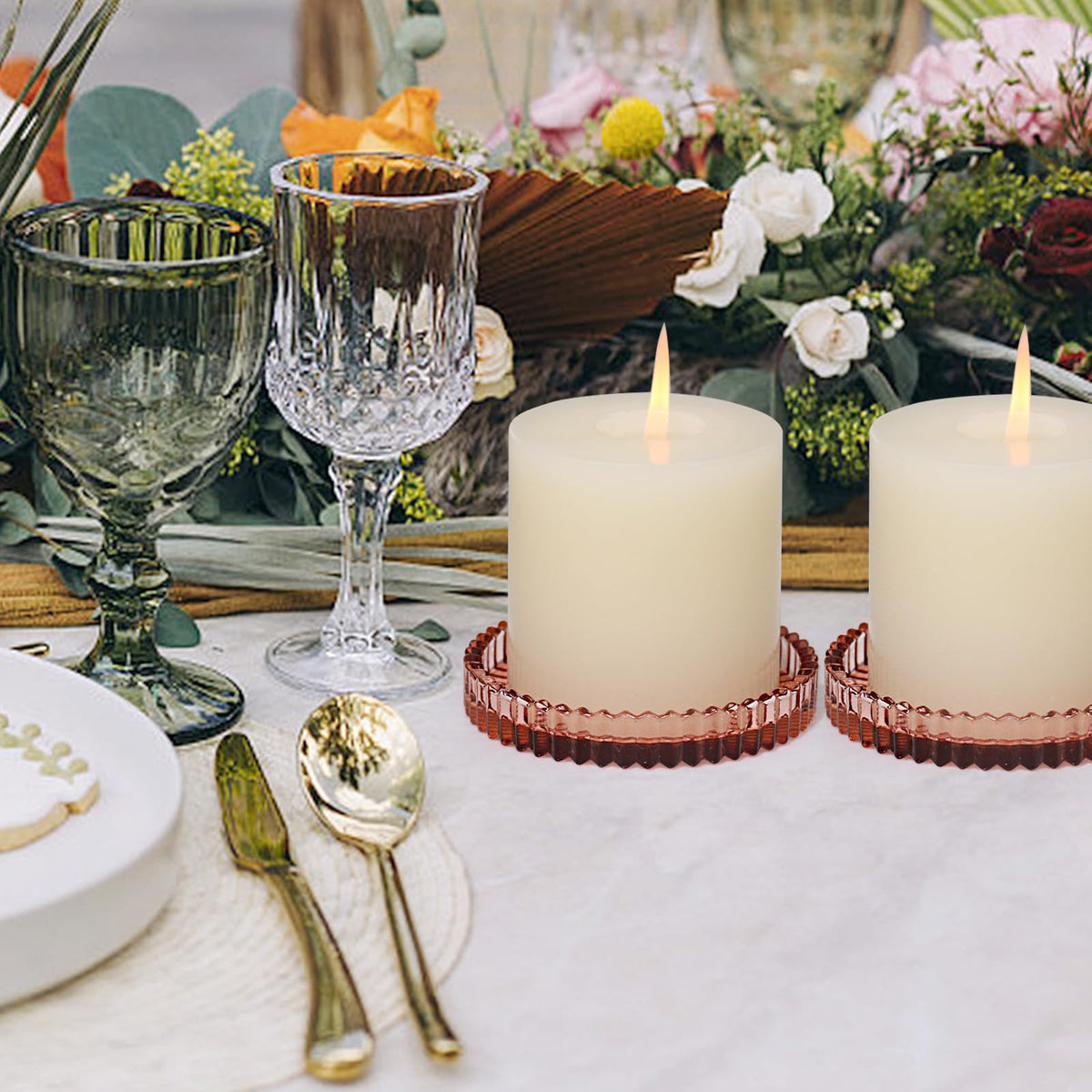 CHOCSTAY Glass Pillar Candle Holder, 4" Candle Plates Set of 6, Glass Candle Holders for Wedding, Party, Holiday, Home Decor, Table Centerpiece
