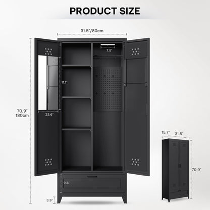 YITAHOME 71" Metal Garage Broom Cabinets with Adjustable Shelves, Vacuum Storage Cabinet with Doors and Drawer, Tool Storage Cabinet for Gym, Basement, Warehouse, Black
