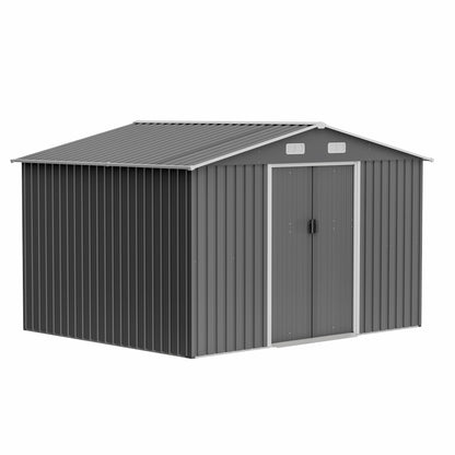 10'x8' Galvanized Steel Outdoor Storage Shed with Top Air Vents, Lockable Sliding Double Door Large Garden Tool Organizer, Gray
