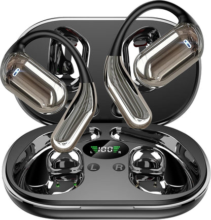 Open Ear Clip Wireless Earbuds Bone Conduction Headphones, Bluetooth 5.4，Built-in Mic, IPX7 Waterproof, LED Display Charging Case,Ear Hooks Ear Buds, Design for Running/Fitness/Office/Sport