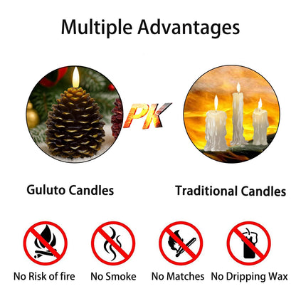 Guluto Flameless Pinecone Candles, Battery Operated Real Wax Candles, Led Flickering 3D Wick Candle with Remote and Timer for Christmas, Winter Holiday Decoration, 3.7'' x 5'' Brown
