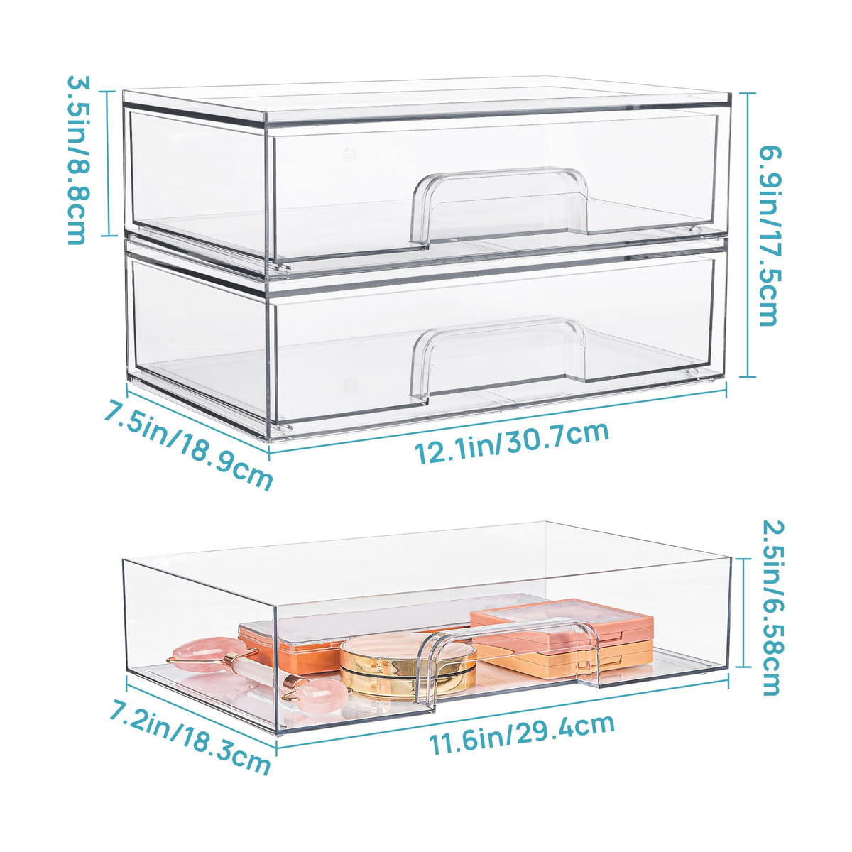 Vtopmart 12.1''W Clear Stackable Storage Drawers,2 Pack Acrylic Plastic Organizers Bins for Makeup Palettes, Cosmetics, and Beauty Supplies,Ideal for Vanity, Bathroom,Cabinet,Desk Organization