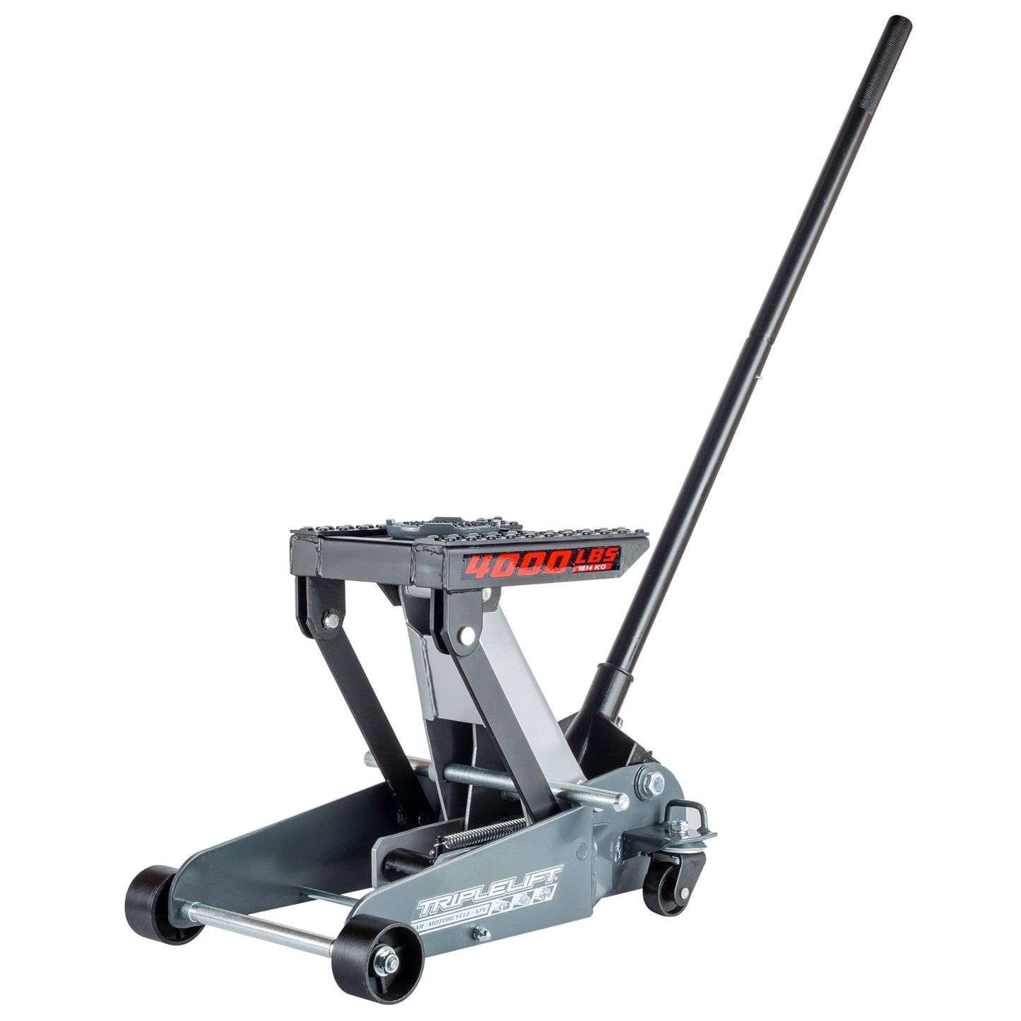 Powerbuilt 2 Ton Triple Lift Floor Jack, Lifts Cars, Trucks, Motorcycles, ATV's, Transmissions, Tie-Down Loops, Locking Safety Bar - 620422E, Silver