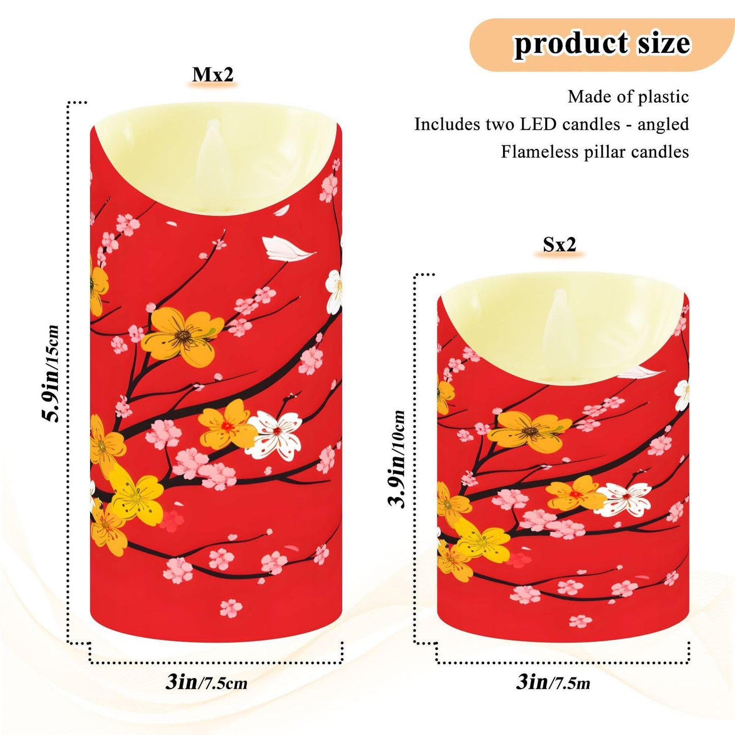 ALAZA Red Cherry Blossom Japanese01 Flickering Flameless Candles Battery Operated with Remote Timer,Tea Light Candles LED Pillar Votive Set of 2 for Outdoor Indoor Decorations 3" x5.9"
