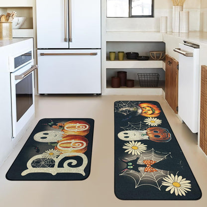 SHIYUE Halloween Kitchen Mat Set of 2, Ghost Pumpkin Boo Kitchen Rugs Farmhouse Modern, Non Skid Rubber Runner Decor Rugs（17x47in+17x30in） Black