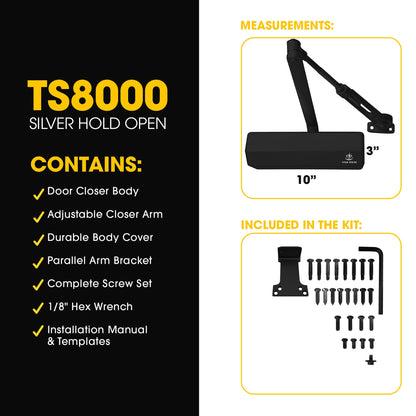 TITAN STRIKE Heavy Duty Automatic Door Closer with Hold Open, Commercial Indoor/Outdoor Adjustable Door Closure, ANSI Grade 1, UL Certified, ADA Compliant, (44-330lb, 30-60in) – Black