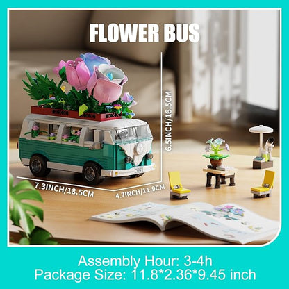 Flower Car Building Block Set City Camper Van Building Set Botanical Collection Flowers Vehicles Blocks Toys Friends Creative Gift for Boys Girls 6-12 Years Old (862 pcs)