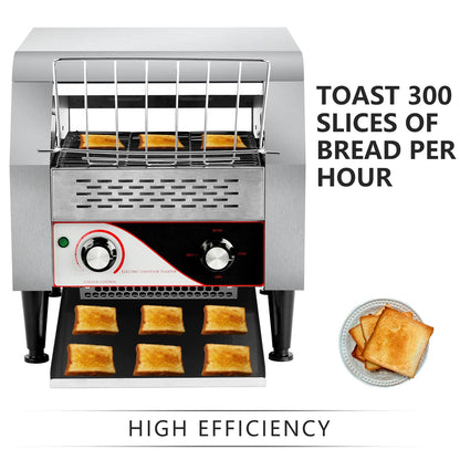 Commercial Conveyor Toaster, 300 Slices/H Electric Stainless Steel 1.9KW Countertop Toaster Heavy Duty 100% 304 Foodgrade Silver Bread for Home Restaurants Bakery Use