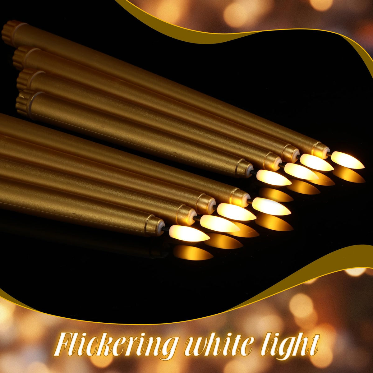 Rossesay 48 Pcs Flameless LED Taper Candles Battery Operated Candles 4 Sizes of 8.5'', 9.65'', 10.83'', 12.8'' Flameless Candlesticks Flickering for Halloween Christmas Church Wedding(Golden)
