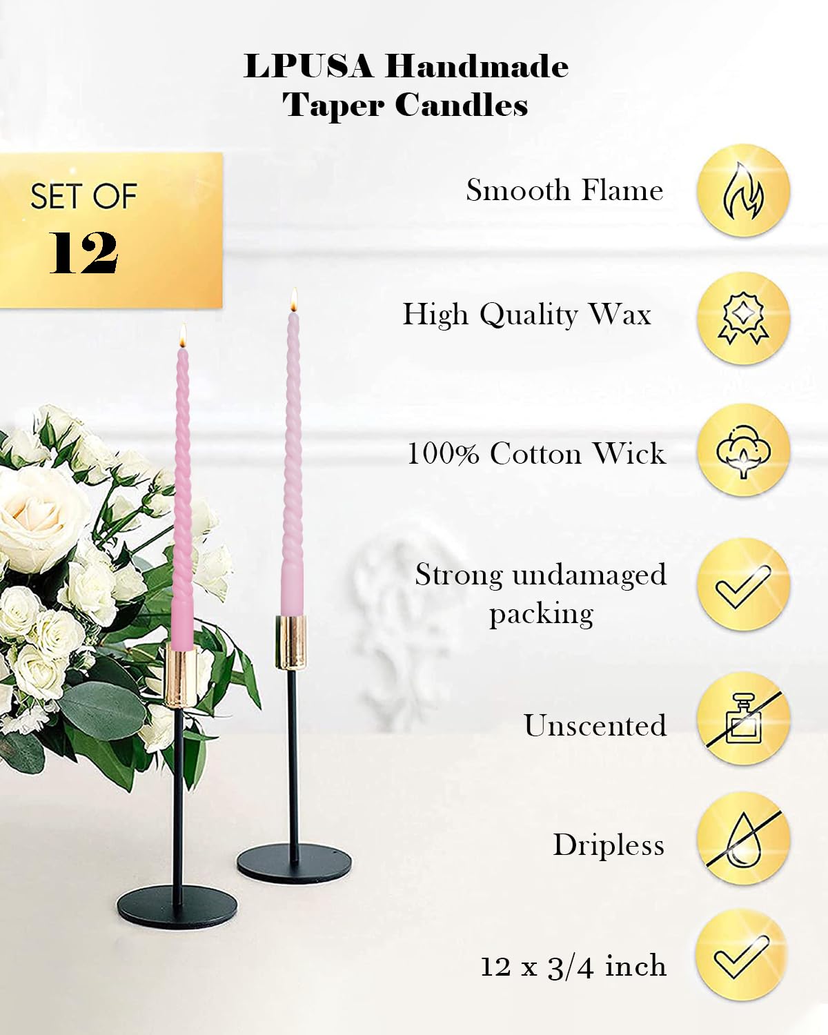 LPUSA Brown Tall Taper Candles 12 inch Unscented Smokeless Long Spiral Tapered Candle for Candlesticks Sticks Wedding Advent Home Decor Dinner Christmas，Set of 12,Spiral