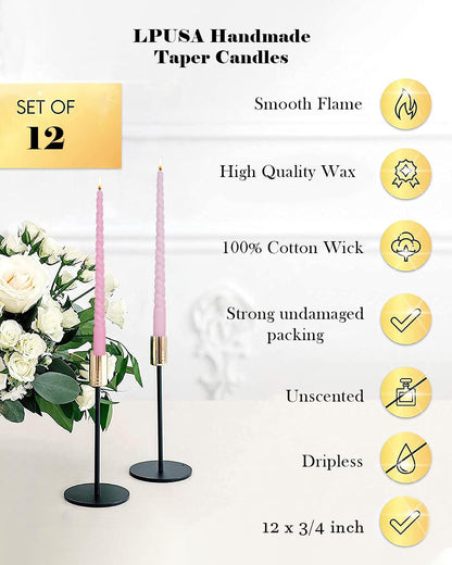 LPUSA Brown Tall Taper Candles 12 inch Unscented Smokeless Long Spiral Tapered Candle for Candlesticks Sticks Wedding Advent Home Decor Dinner Christmas，Set of 12,Spiral