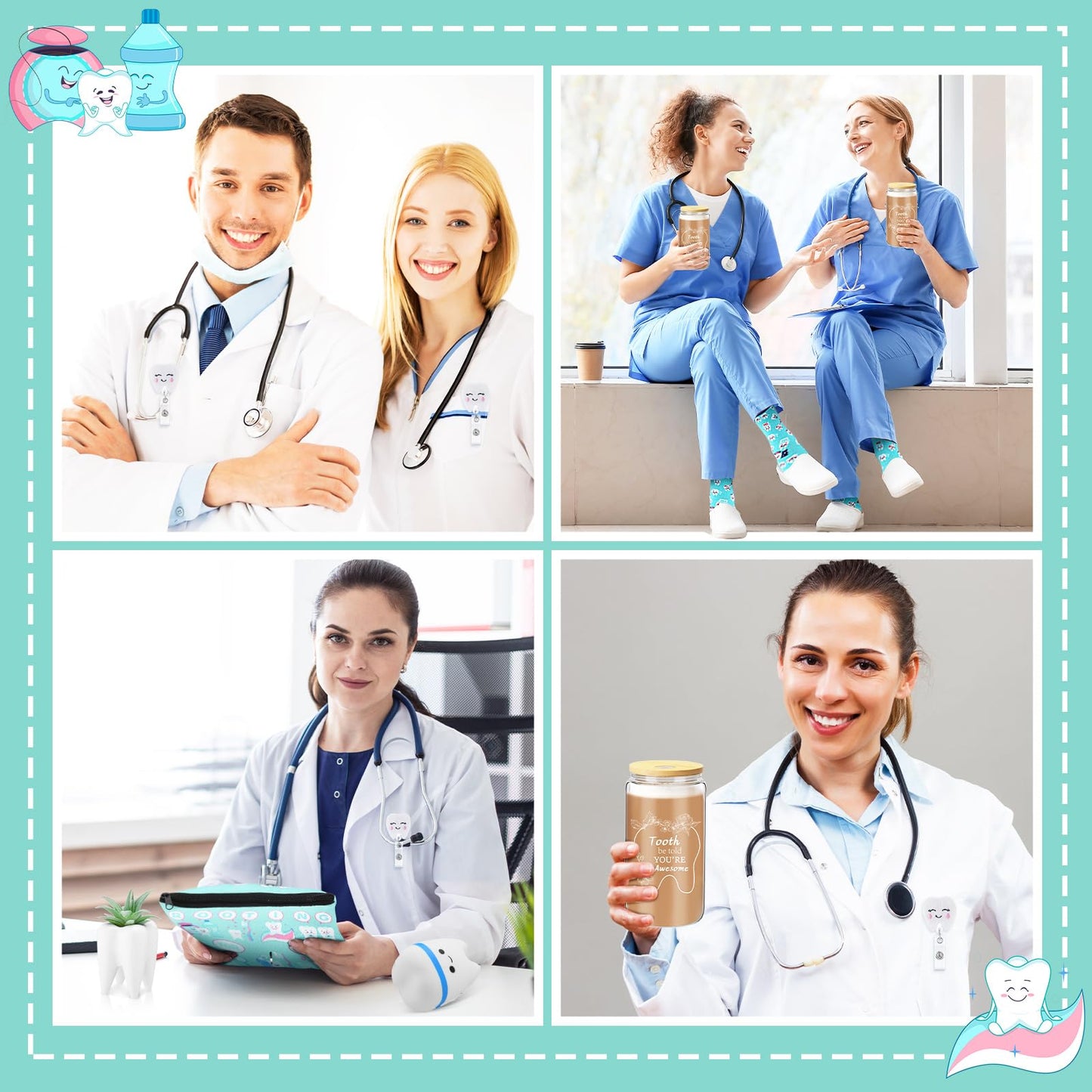 Pickmesh 6 Pcs Nurse Week Appreciation Gifts Dentist Hygienist Gifts 16 oz Glass Cups with Lid Makeup Bag Socks Badge Holder Tooth Brush Pot for Women Doctor Nurse Appreciation Accessories(Blue)