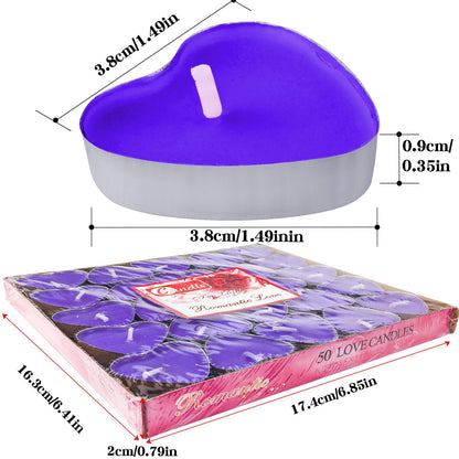 50Pack Heart Shaped Tealight Candles(25x2 Layers),Romantic Love Unscented Tea Lights Candles,Dripless & Long Lasting Smokeless Mini Tealight Candles for Romantic Decor,Pool,Home,Wedding (Purple)