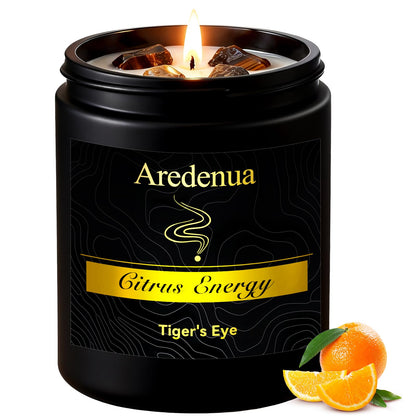 Aredenua Crystal Candle with Tiger Eye Healing Crystals, Citrus Aromatherapy Candle for Confidence, Natural Soy Wax Scented Candle with Real Gemstone, 7oz Long Burning, Motivational Chakra Gift