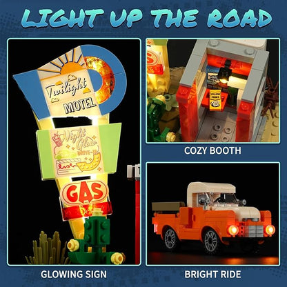 City Sunset-Stopover Lighting-Building-Bricks Set - Road Trip Car Station Modular Collection LED Light Building Set 455 Pcs for Adults Teen and Travelling Enthusiasts