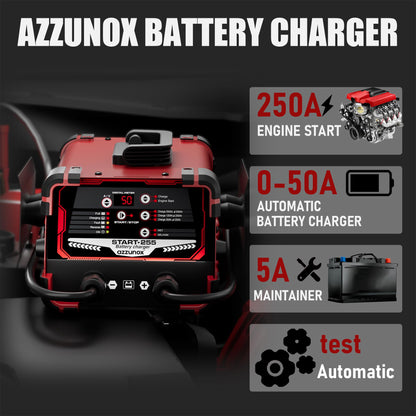 AZZUNOX 12V 24V Car Battery Charger Engine Starter, Up to 50A Automatic Battery Maintainer, 250 Cranking Amps, Auto Desulfator, Battery Repair, Winter Mode, for AGM STD Gel Deep Cycle Batteries