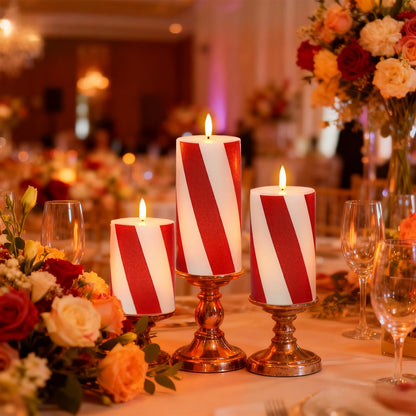 Wondise Christmas Red Stripes Glitter Flickering Flameless Candles with Remote Timer, Battery Operated Pillar Candles Real Wax LED Candles for Home Christmas Decoration Gift(D3 x H4 x5 x6)