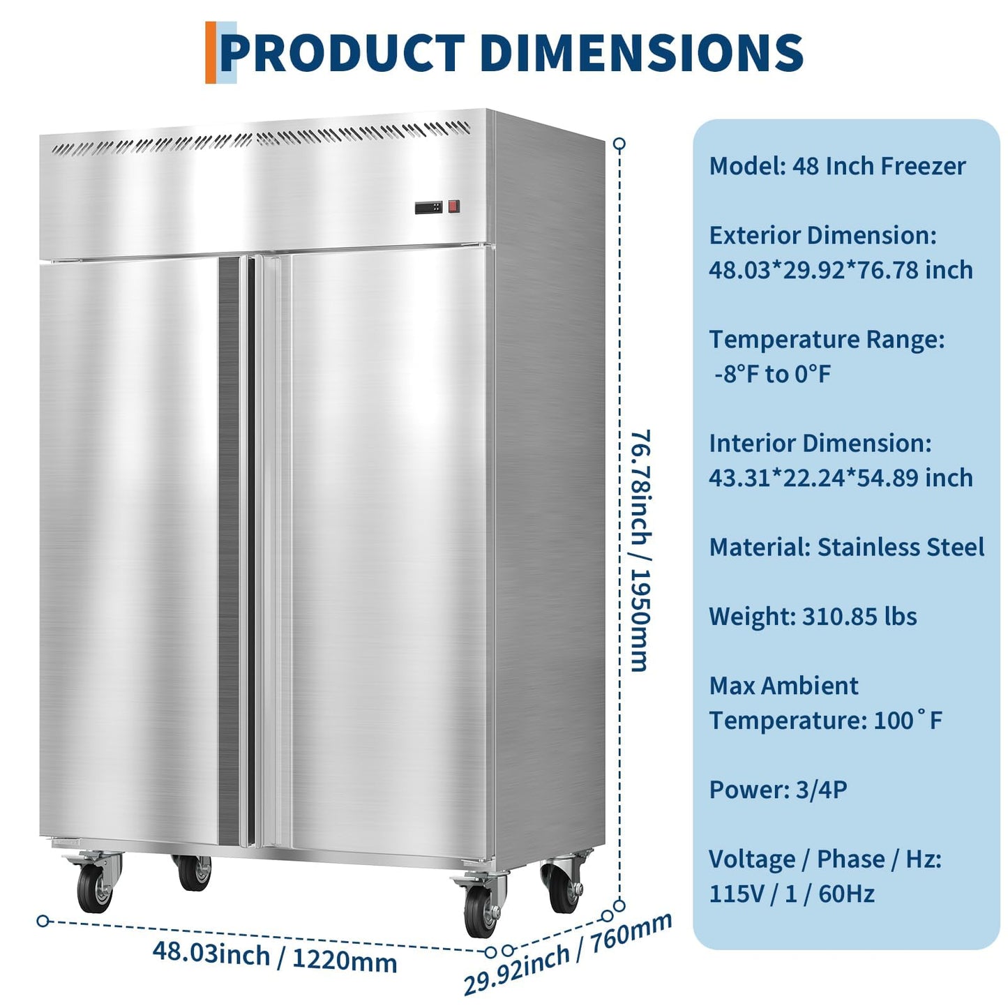 GarveeLife 48" W Commercial Freezer -8°F~0°F,Reach-in 36 Cu.ft 2 Door Stainless Steel Commercial Refrigerator Fan Cooling,6 Adjustable Shelves, Auto Defrost,for Restaurant,Bar,Kitchen,Shop