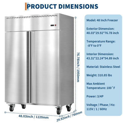 GarveeLife 48" W Commercial Freezer -8°F~0°F,Reach-in 36 Cu.ft 2 Door Stainless Steel Commercial Refrigerator Fan Cooling,6 Adjustable Shelves, Auto Defrost,for Restaurant,Bar,Kitchen,Shop