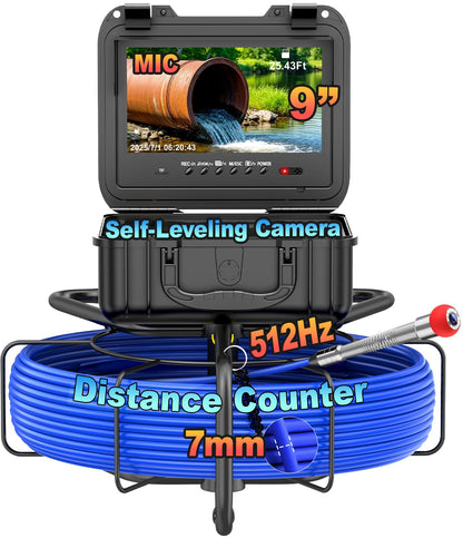 Anysun Self-Leveling Sewer Camera with Distance Counter, 0.28in/7mm Diameter 165ft Cable, 9'' 1080P IPS Screen, Pipe Inspection Camera with DVR Recording-32GB