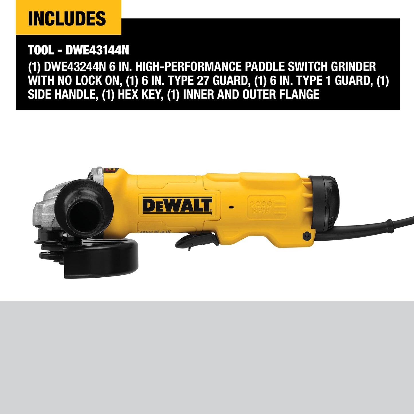DEWALT Angle Grinder Tool, 6-Inch, Paddle Switch with No Lock-On, 13-Amp (DWE43144N), Yellow